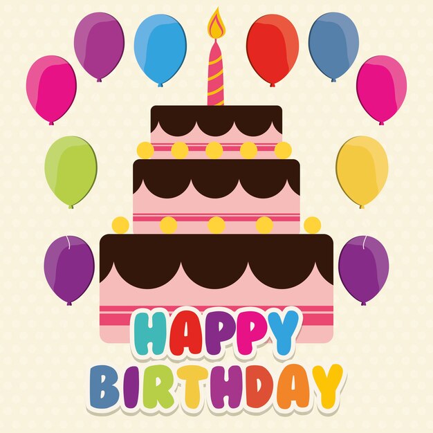 Happy birthday card with cake and balloons icon