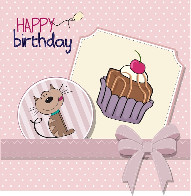 Vector happy birthday card with cake cat