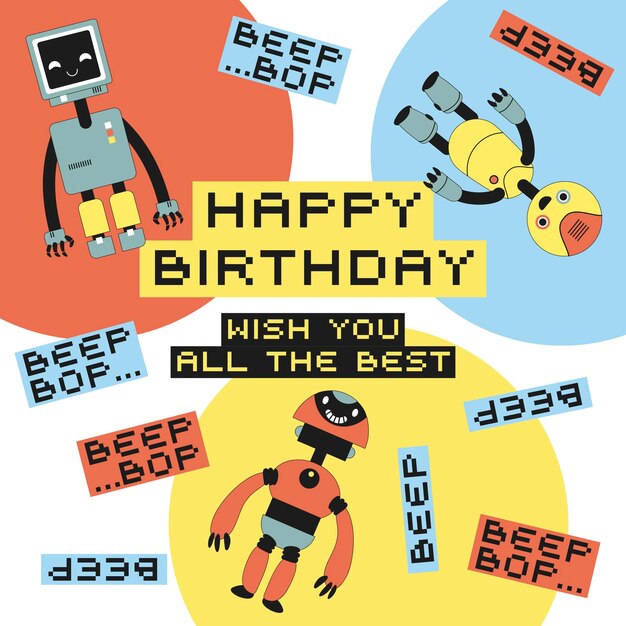 Vector happy birthday card with colored cute robots