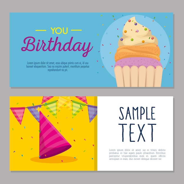 カップケーキと帽子のパーティーと誕生日お祝いカード