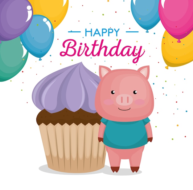 Happy birthday card with cupcake and cute piggy