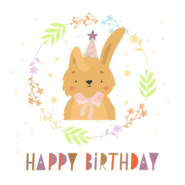 Vector happy birthday card with cute bunny