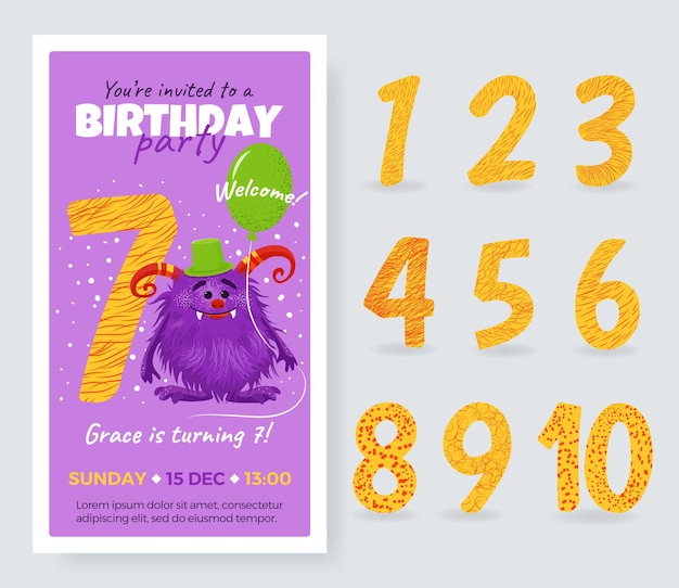 Happy Birthday card with cute cartoon monster number and balloon Birthday Anniversary Numbers