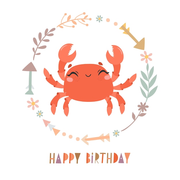 happy birthday card with cute crab