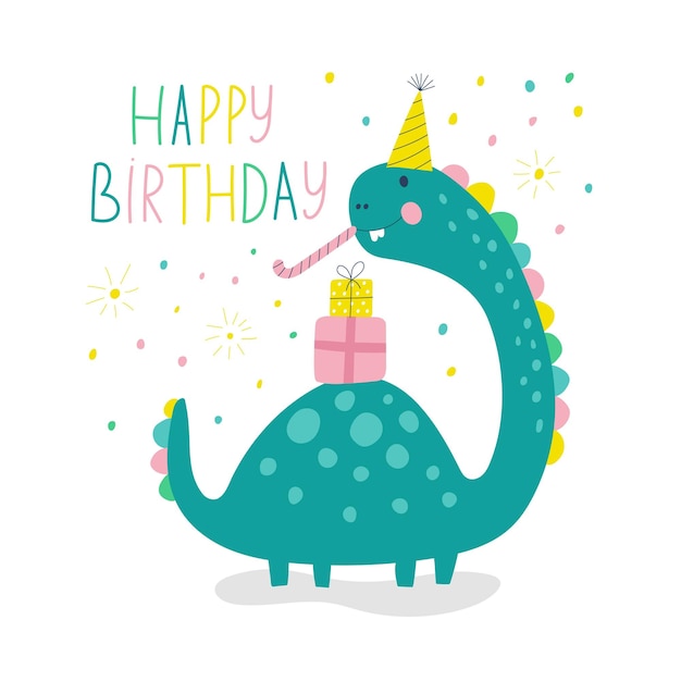 Vettore scheda di buon compleanno con simpatiche illustrazioni vettoriali dino