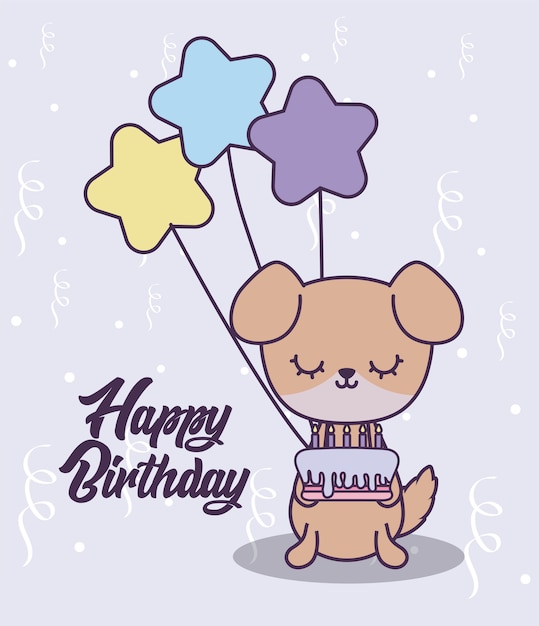 Happy birthday card with cute dog and balloons helium