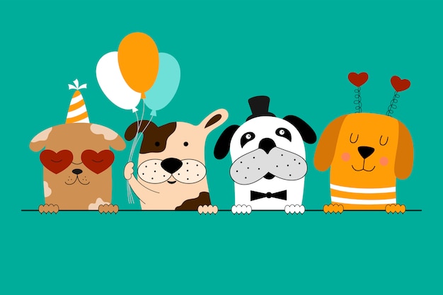 Vector happy birthday card with cute dogs.