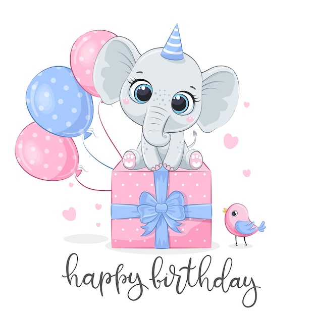 Vector happy birthday card with cute elephant with balloons and gift