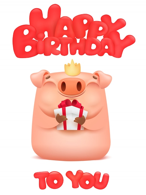 Happy birthday card with cute pig cartoon emoji character.