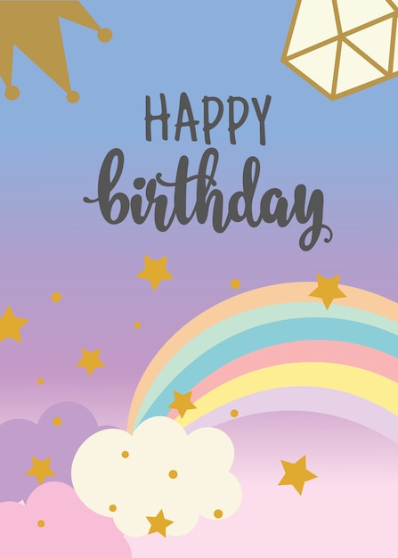 happy birthday card with cute unicorn. greeting. hand written text.
