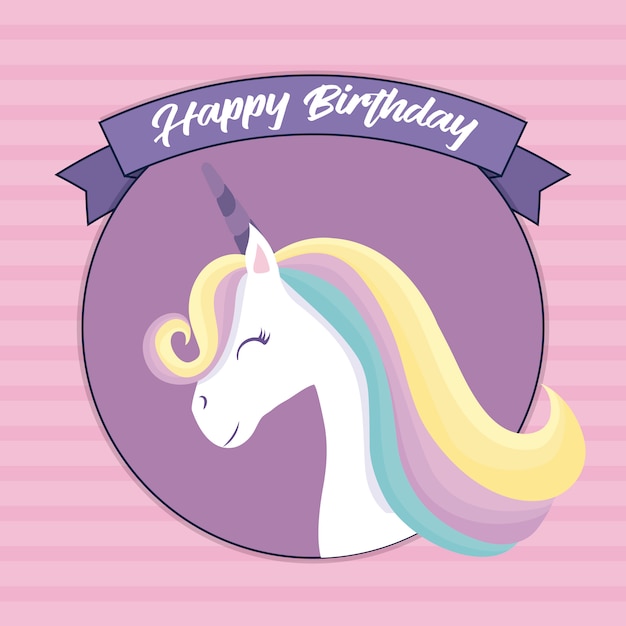 Happy birthday card with cute unicorn head