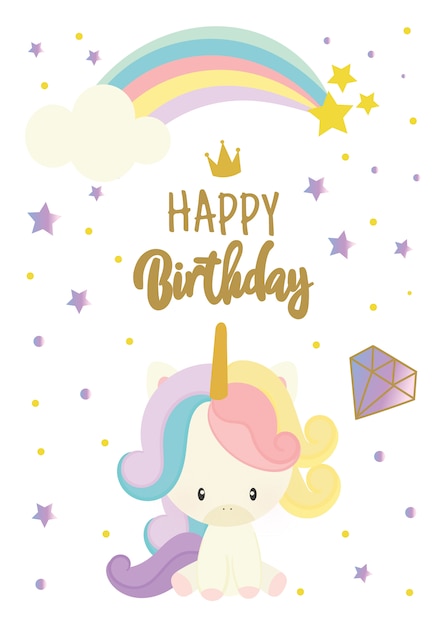 Vettore scheda di buon compleanno con unicorno carino