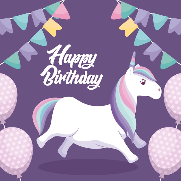 Vector happy birthday card with cute unicorn