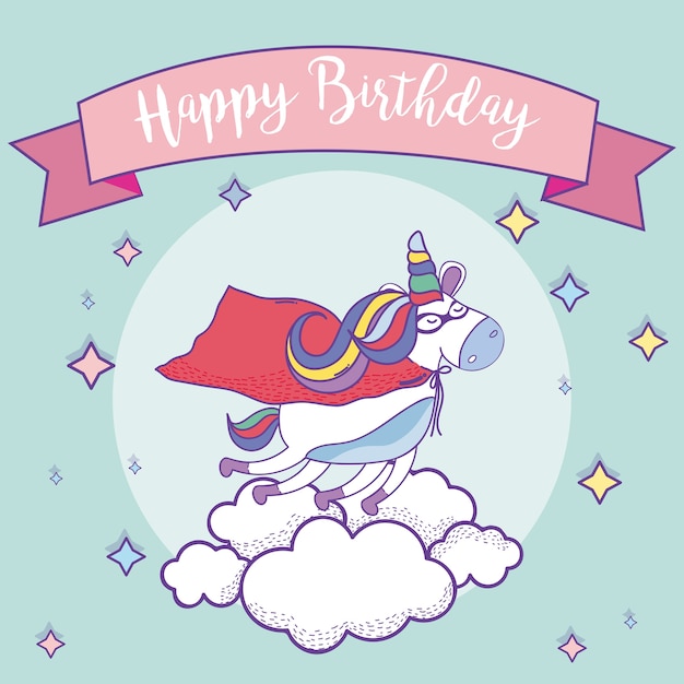 Happy birthday card with cute unicorns fantasy cartoons