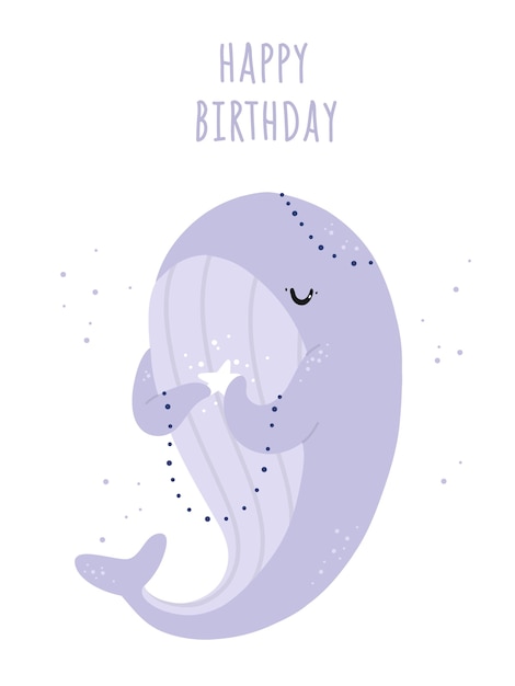 Happy birthday card with cute whale and star