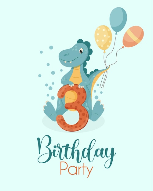 Vettore biglietto di auguri di buon compleanno con un dinosauro