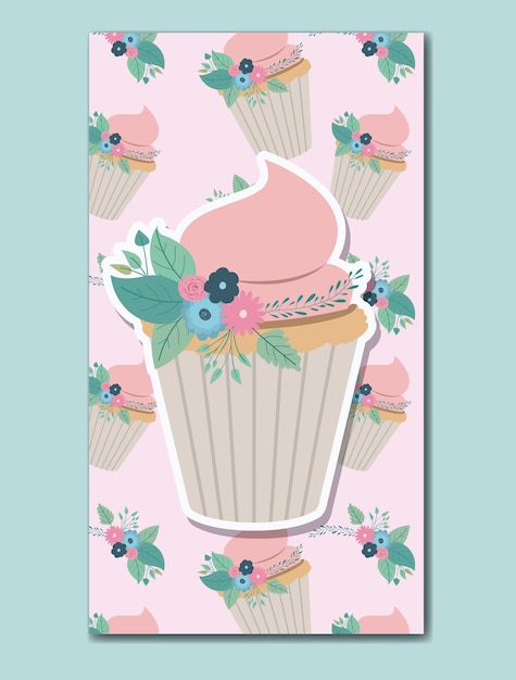 Happy birthday card with floral decoration and cupcake 