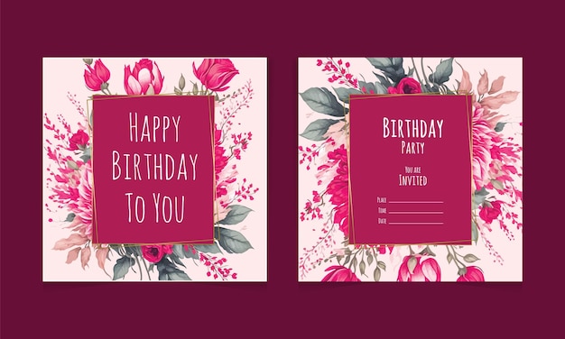 Vector happy birthday card with floral in watercolor style set