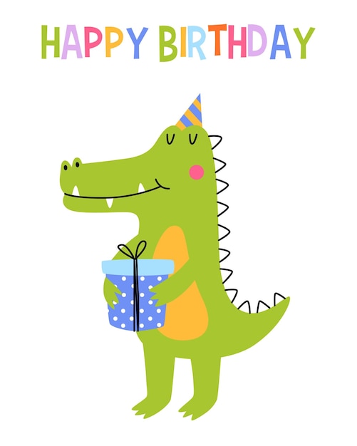 Happy birthday card with fun crocodile Cute alligator with gift box Children greeting card for print