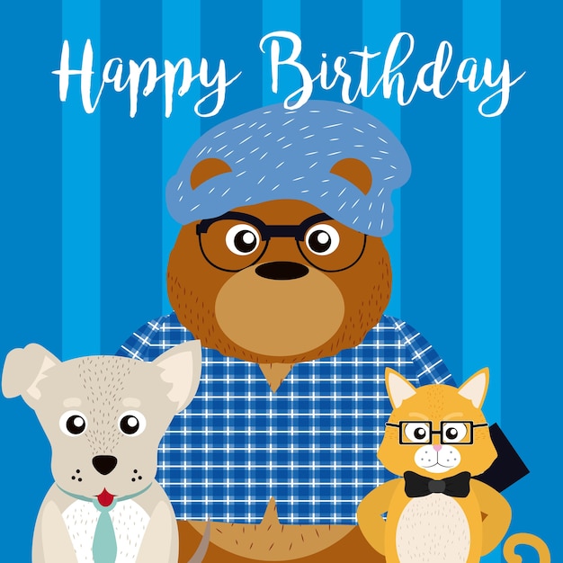 Vector happy birthday card with funny animals cartoon