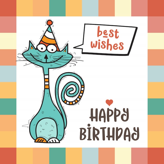 Vector happy birthday card with funny doodle cat