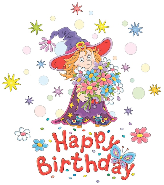 Happy birthday card with a funny little witch holding a beautiful bouquet of summer flowers