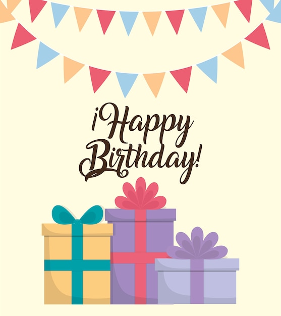 Happy birthday card with gift boxes icon