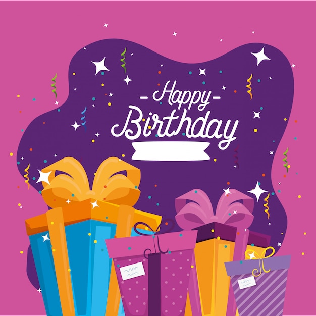 happy birthday card with gifts and party decoration