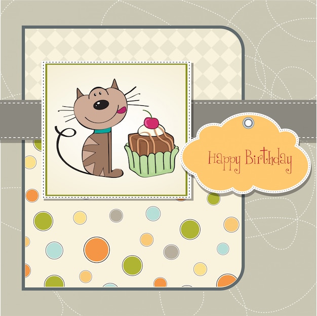 Happy birthday card  with little cat and cupcake