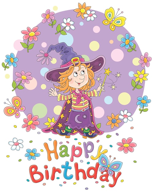 Happy birthday card with a little witch waving a magic wand and swirling flowers with butterflies