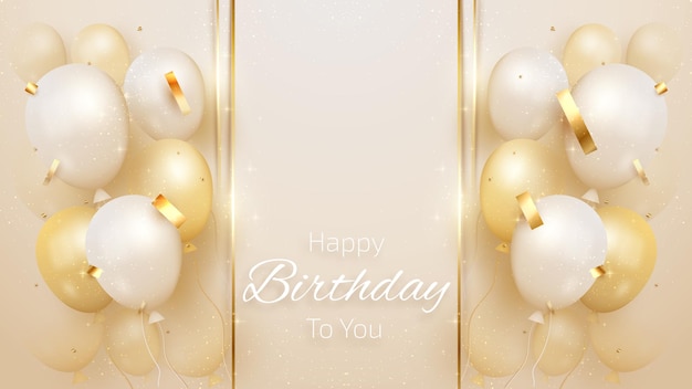 Happy birthday card with luxury balloons and ribbon 3d style realistic on cream shade background. vector illustration for design.