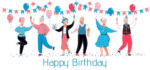 Поздравительная открытка с днем рождения: пожилые люди танцуют и празднуют с колпаками