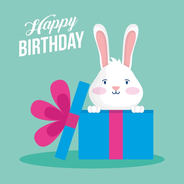 Happy birthday card with rabbit in gift scene vector illustration design