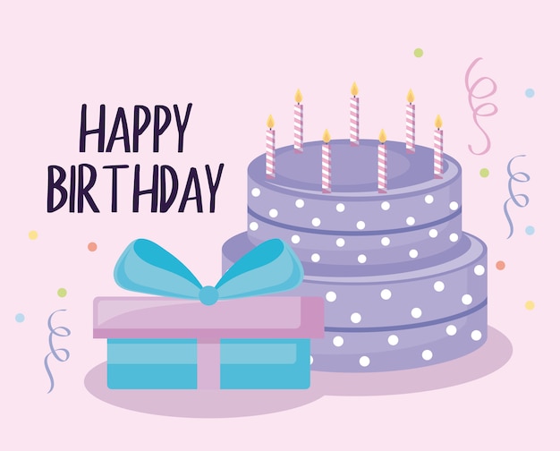 Vector happy birthday card with sweet cake and gift box