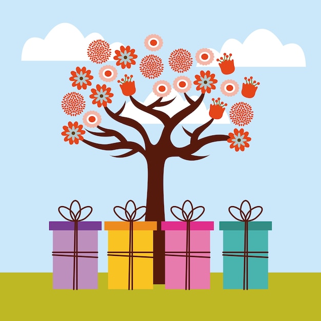 Carta di buon compleanno con l'icona di scatole albero e regalo