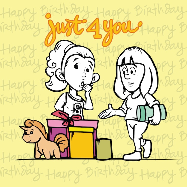 Vettore scheda di buon compleanno con personaggio dei cartoni animati due ragazza