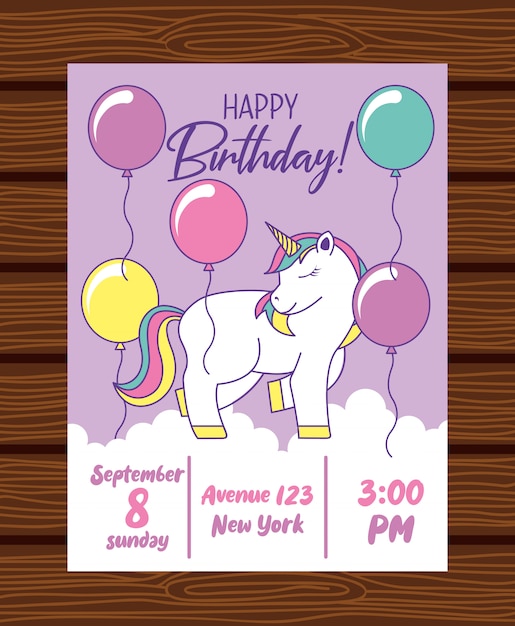 Vector happy birthday card with unicorn