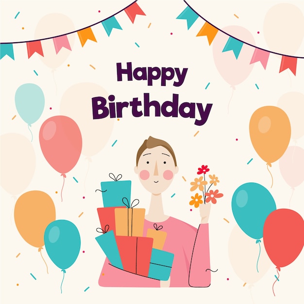 Happy birthday card with woman illustrated