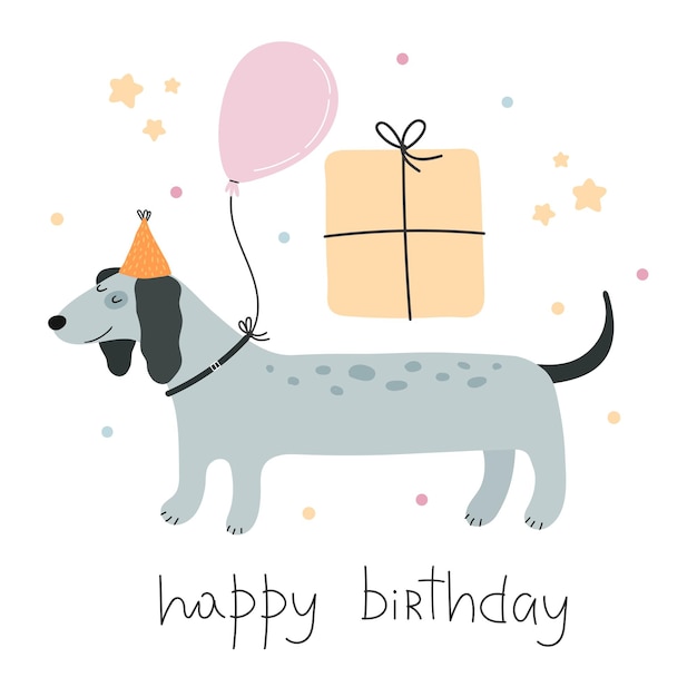 Happy birthday cartoon dog hand drawing lettering decorative elements