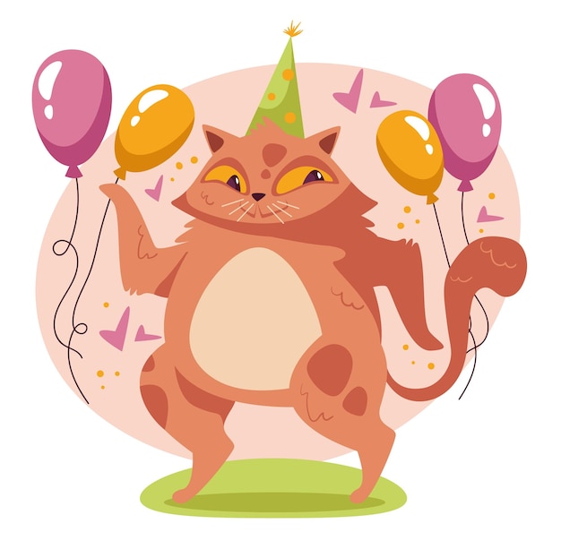 お誕生日おめでとう猫キャラクターホリデーグリーティングカード構成フラット漫画グラフィックデザイン