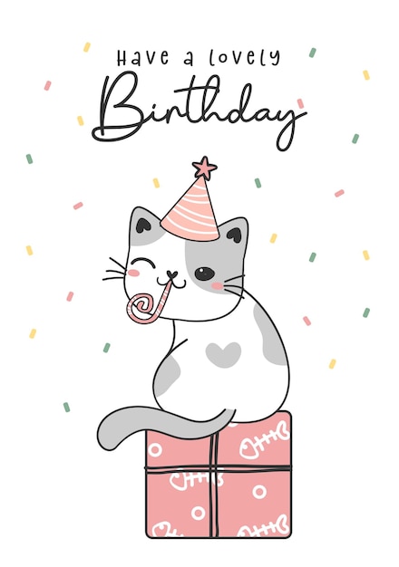 Happy birthday cat greeting card cute sweet gray kitty cat birthday cartoon drawing