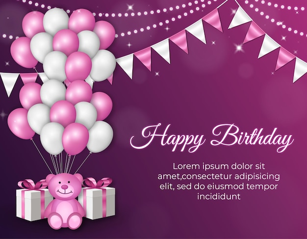 Happy birthday celebration background with balloons and cute bear