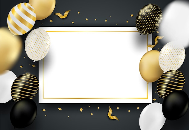 Happy Birthday celebration card. Design with black, white, gold balloons and gold foil confetti. luxury black background. vector.