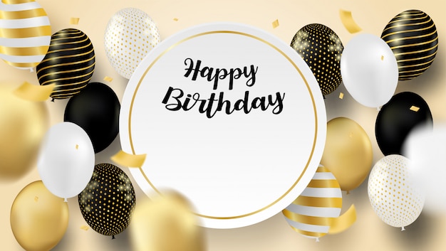 Happy Birthday celebration card. Design with black, white, gold balloons and gold foil confetti. soft background. vector.