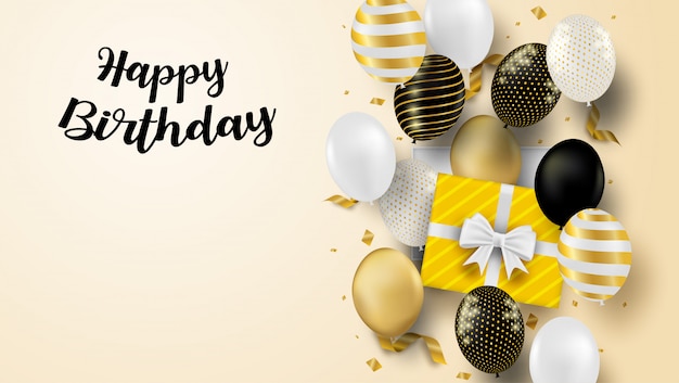 С Днем Рождения праздник карты. Дизайн с черными, белыми, золотыми шарами и конфетти золотой фольги. мягкий фон.