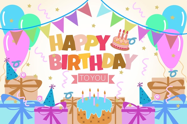 Happy Birthday Celebration with Balloons Cake and Gifts