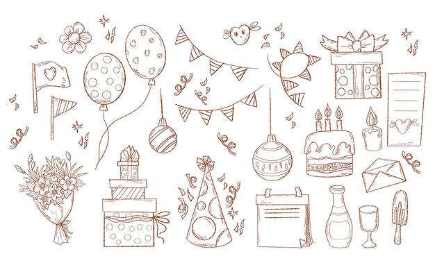 Vector happy birthday and christmas holiday doodles hand drawn party decoration gift box balloons garland