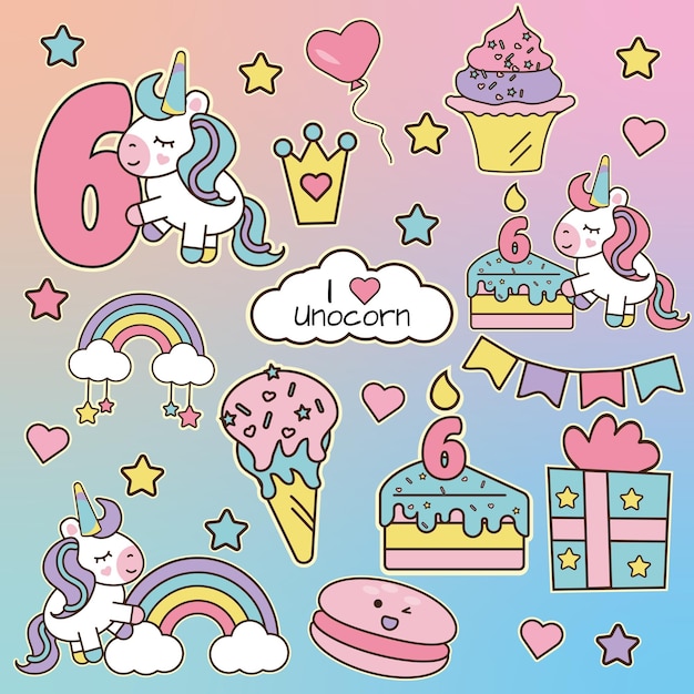 Happy birthday colorful unicorn stickers for 6 years old child in vector