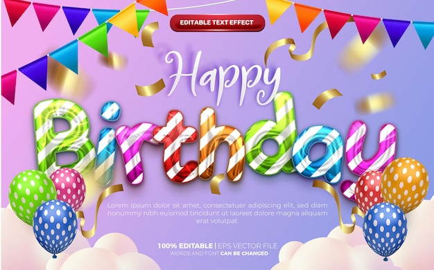 Happy birthday colorfull chrome editable effect style orange background with colorfull balloons decoration on sky