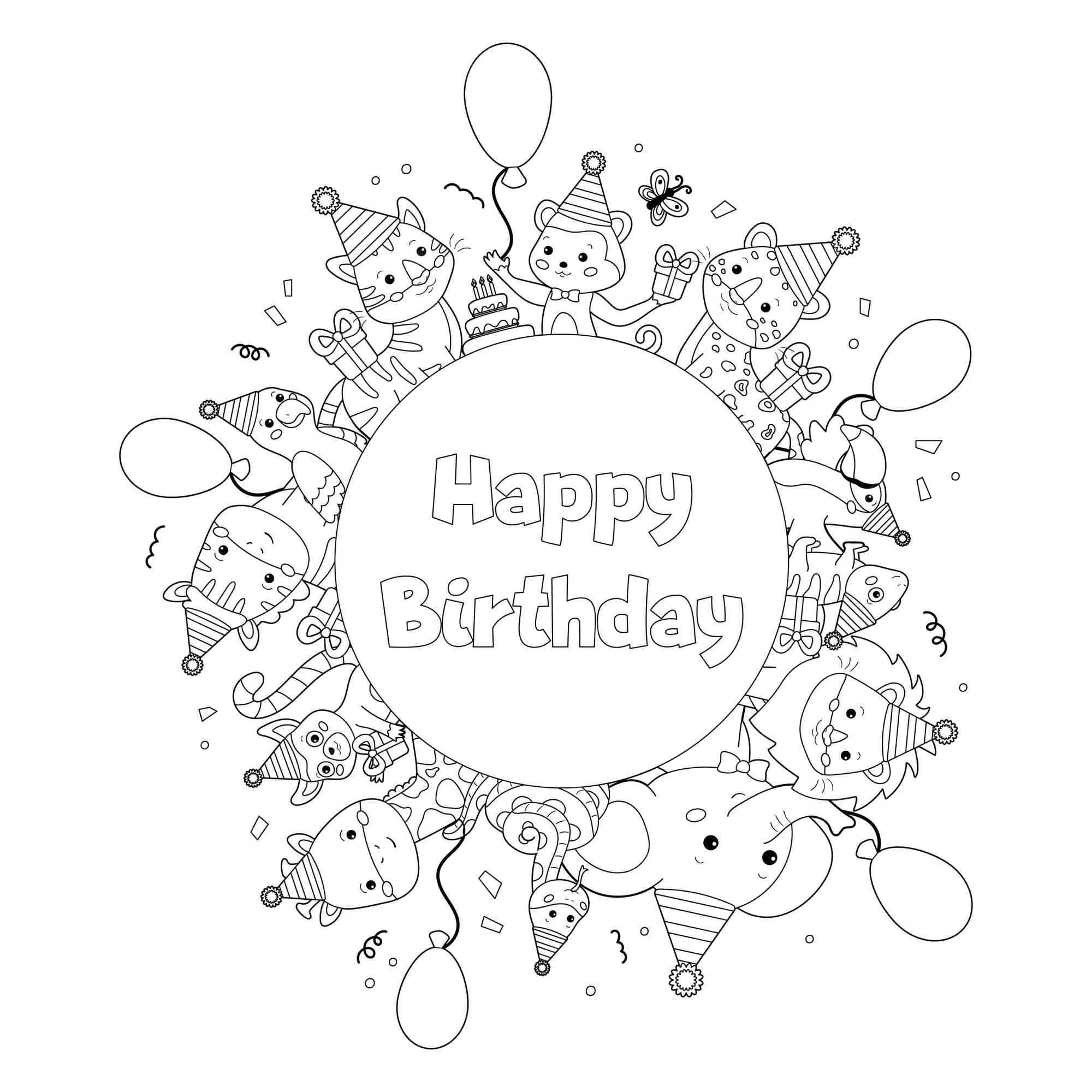 Premium Vector | Happy birthday coloring page for children. cute cartoon zoo animals. Premium Vector | Happy birthday coloring page for children. cute cartoon zoo animals.